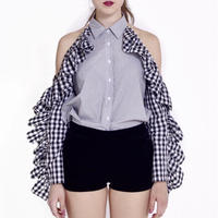 gingham check open shoulder shirt