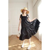 ribbon gather tiered 2way onepiece dot black