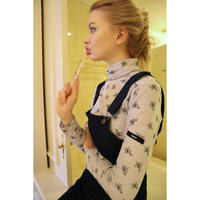 épine label rib cotton high neck flower ice blue