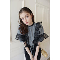 see-through frill lace gingham check Tyrol blouse black
