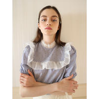 dot stripe see-through frill blouse blue