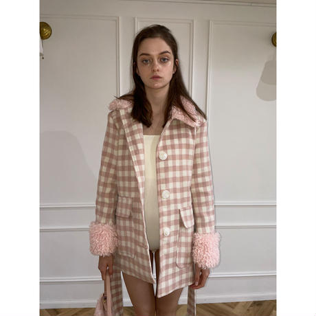 poodle fur coat pink check