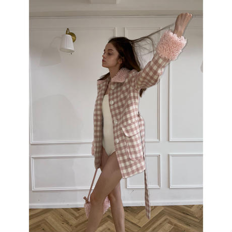 poodle fur coat pink check