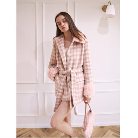 poodle fur coat pink check